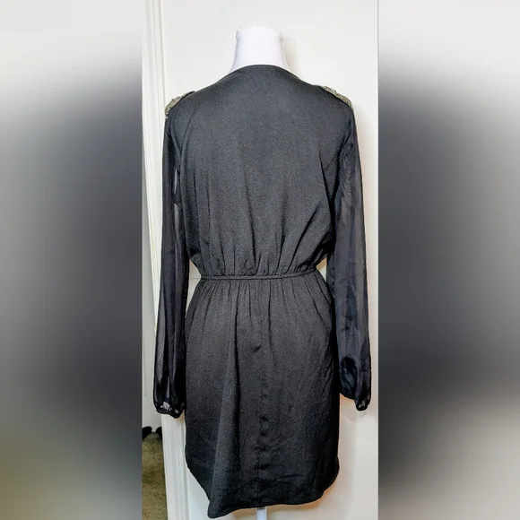 Charlotte Russe Black Beaded Shoulder Dress Long Sheer Sleeve Wrap Elastic Waist - Picture 5 of 7